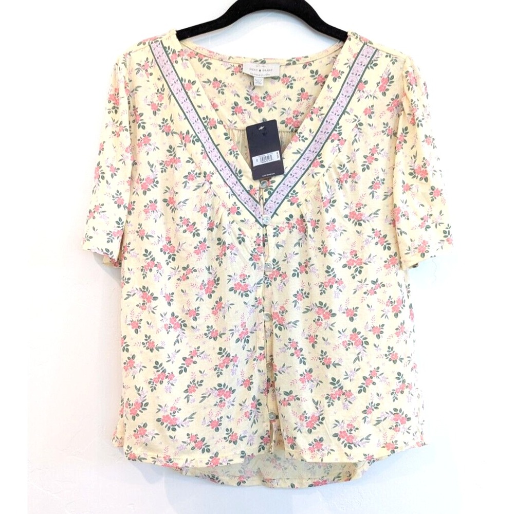 Lucky Brand Cottagecore Top Women XS Yellow Floral V-Neck Button Front Boho NWT